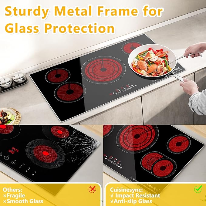36 Inch Built-In Radiant Electric Cooktop, 5 Burner Smoothtop Stove Top with Triple Expandable Zone, 9200W 240V Hardwired Touch Control, 9 Power Levels, Timer, Child Lock & Hot Surface Indicator