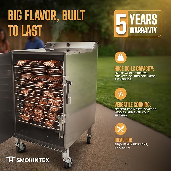 SmokinTex 'The Pitmaster' Series High-Capacity Electric Smoker – 700W Stainless Steel Meat Smoker, Temperature Control for Meat, Seafood, Vegetables, BBQ – Portable with Locking Wheels