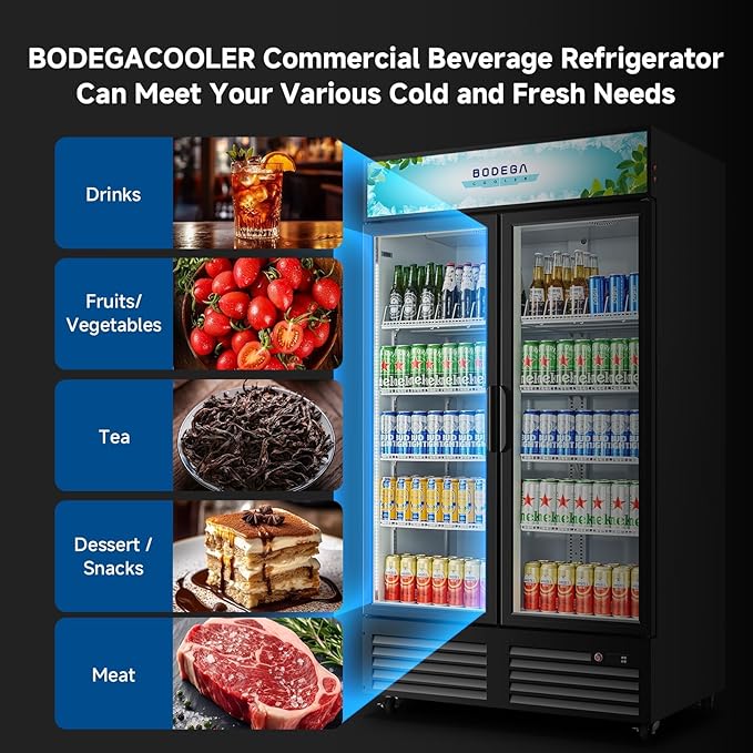 BODEGACOOLER Commercial Merchandiser Refrigerator,2 Glass Door Commercial Beverage Refrigerator, Beverage Display Cooler with Soft LED Light, Adjustable Shelves and 4 Strong Castors, 35.4 Cu. Ft,Black