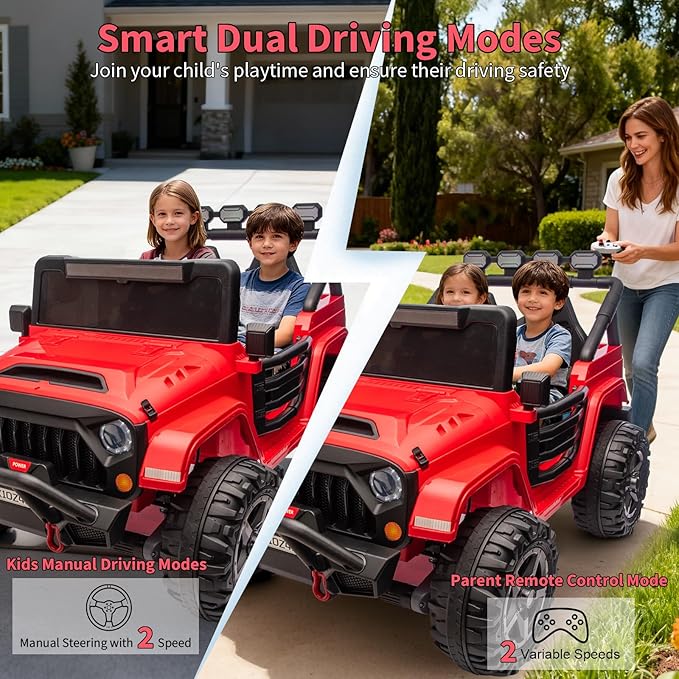 2 Seater Ride on Car Toy for Kids, 24V 4x4 Ride-on Truck, w/Parent Control, Soft Start, 3 Speed, 4-Wheeler Suspension, Bluetooth, LED Lights, Electric Car for Kids Toddler Ages 3-8, Red