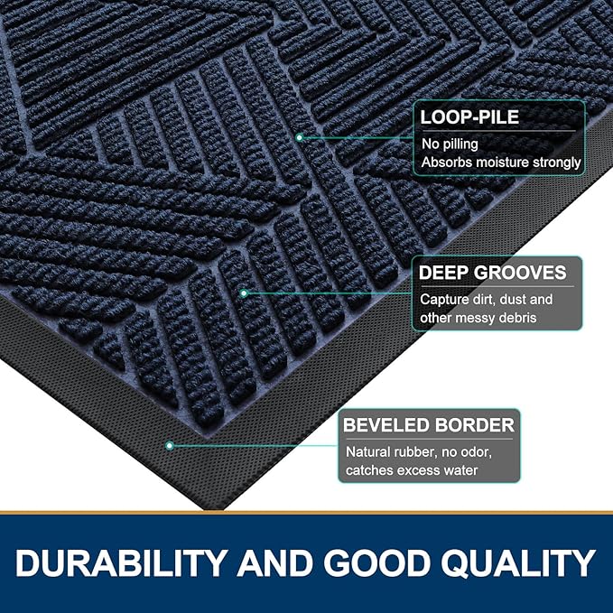 Smiry Front Door Mat Outside Entrance, Heavy Duty Sturdy Natural Rubber Doormat, Trap Dirt and Moisture, Easy Clean Low Profile Welcome Floor Mats for Indoor Outdoor Entry, 59x34 Inch, Navy Blue