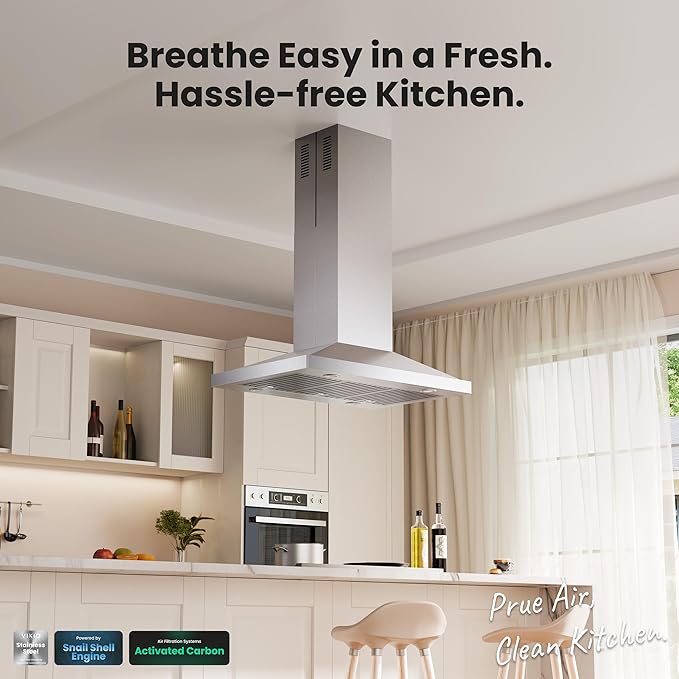 36In Island Range Hood, 390 CFM Stainless Steel Ducted Island Mount Range Hood, kitchen island vent hood with 3-Speed Fan, Touch/Gesture, 3 Stainless Steel Baffle Filters, Ceiling Mount