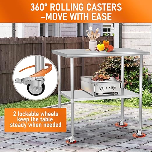 Stainless Steel Table with Wheels 30" x 36" Utility Worktable with Adjustable Undershelf for Commercial Kitchen, Garage, Restaurant