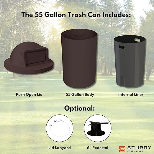 Campus Collection 55 Gallon Round Heavy-Duty Plastic Commercial Outdoor or Indor Trash Can with Push Open Dome Lid and Internal Liner | Great for Schools and Businesses - Brown Granite