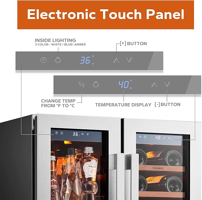 Ca'Lefort 24 Inch Wine and Beverage Refrigerator, 60 Can and 20 Bottle Wine Fridge 36-72°F, 3 LED Dual Zone Wine Cooler with Glass Door, Built-in Compressor Refrigerator for Home/Kitchen (4.10 cu.ft)