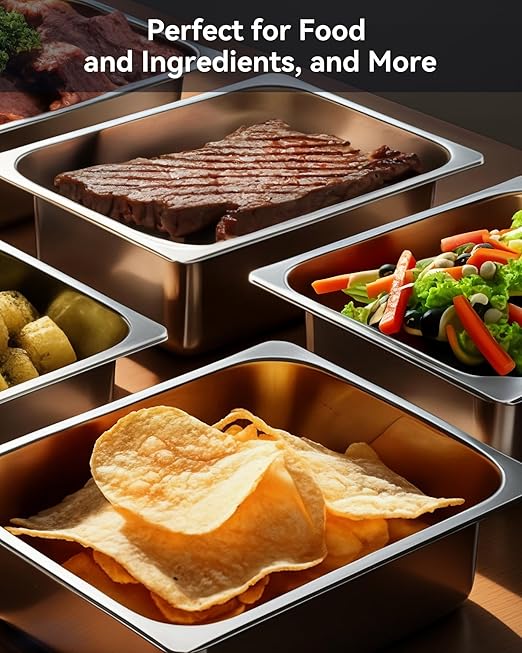 4 Pack Hotel Pans with Lids, 1/1 Size 4" Deep Steam Table Pans, Full Size Stainless Steel Food Pan 22 Gauge Anti Jam 20.8" L x 12.8" W Commercial Food Storage Containers