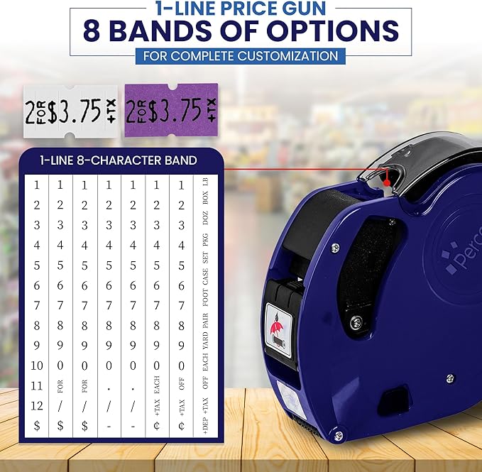 Perco Lite 1 Line Price Gun with Labels Kit - Includes 3 White Rolls, 3 Purple Rolls, 2 Ink Rollers, 1 Ink roll and Labels Pre-Loaded