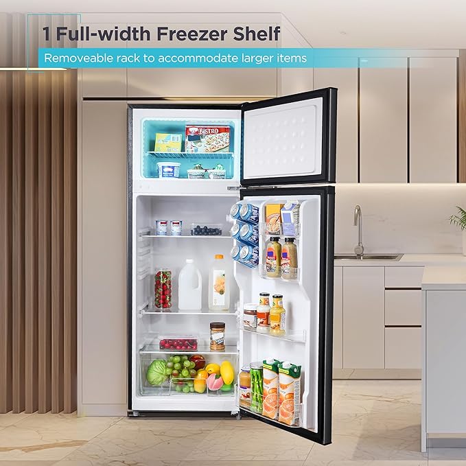 BLACK+DECKER 7.7 Cu. Ft. Top Mount Refrigerator with Freezer, 2 Door Fridge with Top Freezer and Mechanical Temperature Control, For Homes and Apartments, BDA77LAB, Black