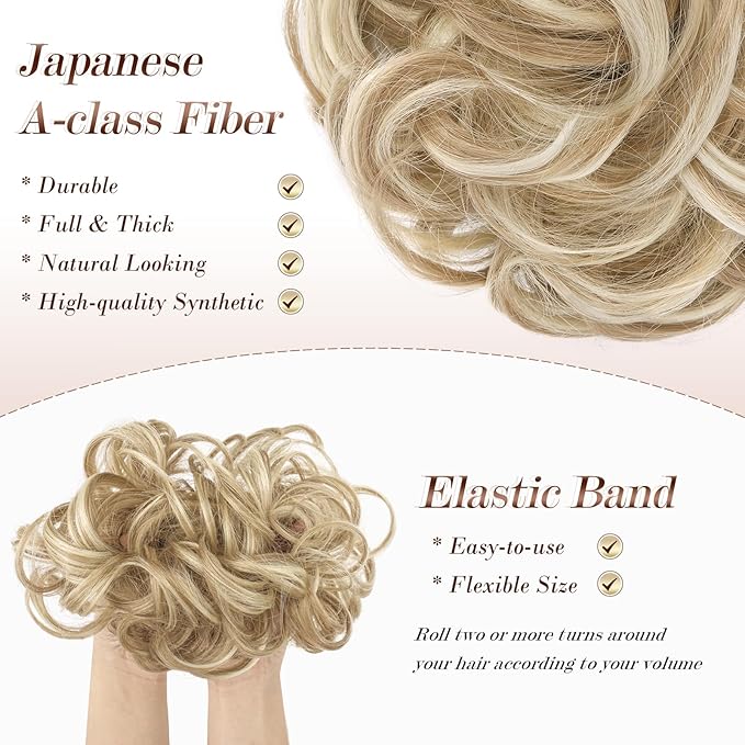 FESHFEN Large Messy Bun Hair Piece - Wavy Synthetic Chignon Scrunchies Elastic Ponytail Hair Extensions Thick Hairpieces for Women, Dirty Blonde 1.94oz