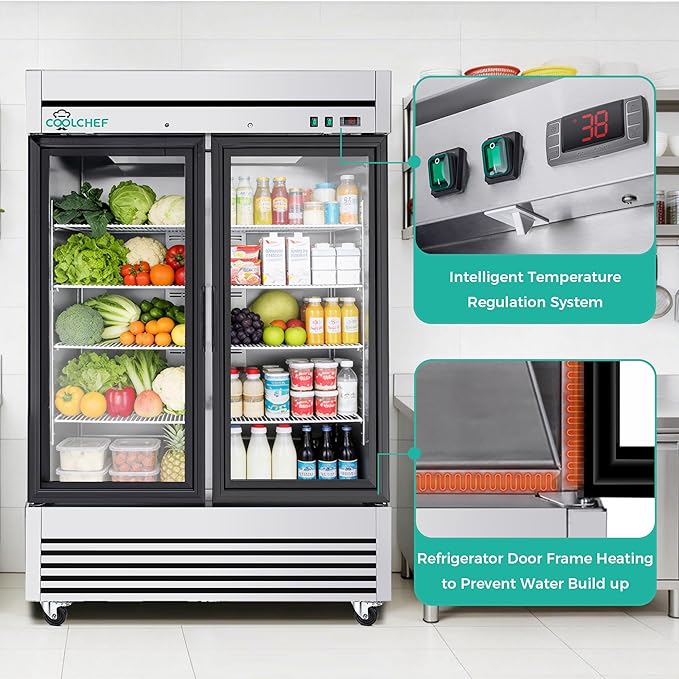 COOLCHEF 54" Commercial Glass Door Refrigerator, 49 Cu.Ft Double-Door Reach-In Cooler, 33–40℉, Double-Layer Low-E Glass, 8 Shelves, R290