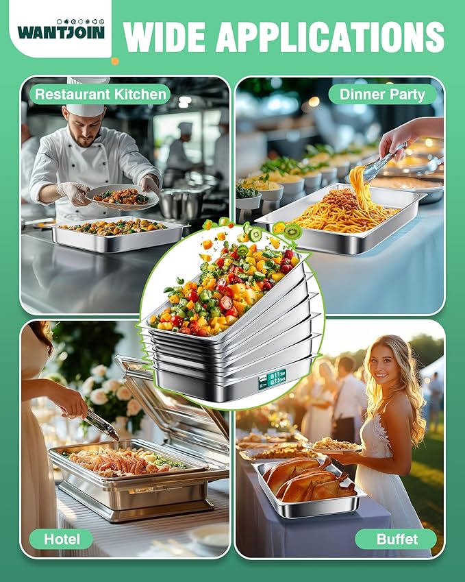 WantJoin Steam Table Hotel Pans 1/1 Full Size 2.5 Inch Deep 6 Pack, Stainless Steel Metal Tray Sets Food Storage Container for Restaurant Chafing Dishes Commercial Buffet Warmer Catering Supplies