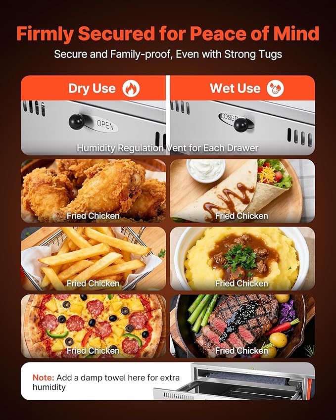 VEVOR Commercial Electric Drawer Warmer, Single-Drawer Stainless Steel Food Warmer, Freestanding Slim Warming Drawer Cabinet, 85°F–185°F Wide Temperature Range, for Restaurant, Hotel, Bakery & Kitchen
