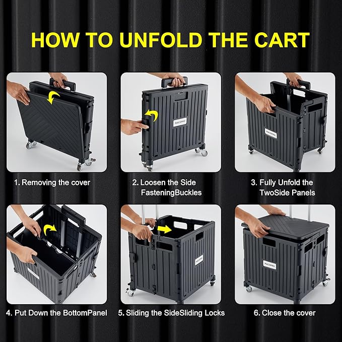 Folding Utility Cart Portable Rolling Crate Handcart Shopping Trolley Collapsible Tool Box, with Lid, Basket on 4 Rotate Wheels, for Grocery, Office, Luggage, Teacher (Black)