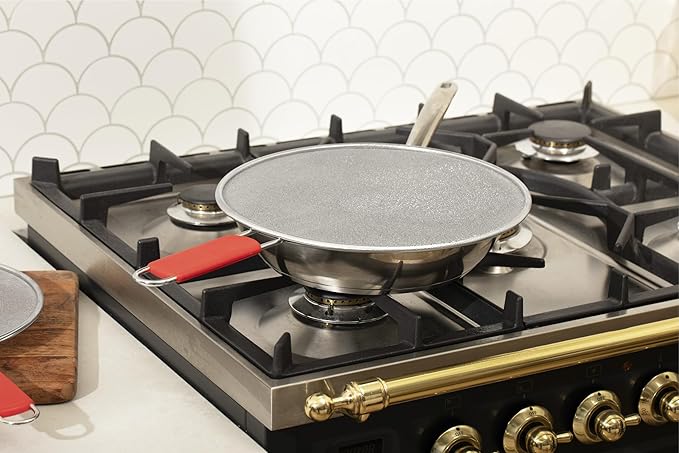 Splatter Guard for Frying Pan & Food Strainer and Universal Cookware 13" - Stops Hot Oil Splash - RED Handle - Splatter Screen for Cooking - Alpha Living