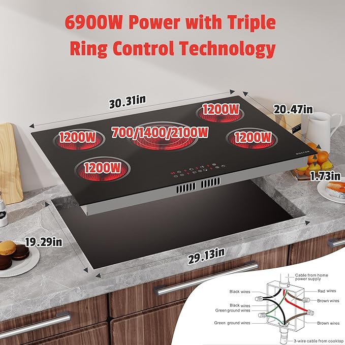 Noxton Electric Cooktop 30 Inch, 5 Burners Electric Stovetop, Drop-in Ceramic Cooktop 30”, Triple Ring, Pause, Timer, Child Safety Lock, 240V Hardwire(NO plug)