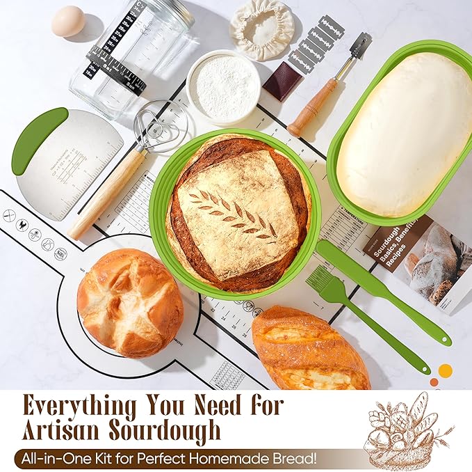 Sourdough Starter Kit with Jar – Complete Sourdough Bread Baking Supplies for Beginners, Includes 2 Silicone Proofing Baskets Baking Mat Sour Dough Kit - Green