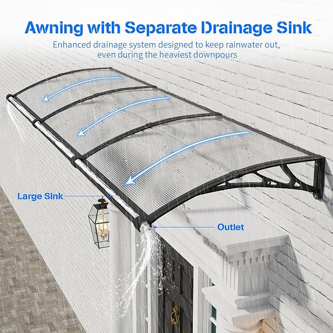 Awning for Door Entrance with Drainage Sink,40x120 Inch Awnings for Doors,Window Canopy Exterior with Plastic Steel Bracket,Polycarbonate Cover,UV,Rain,Snow Protection for House,Porch,Patio,Deck