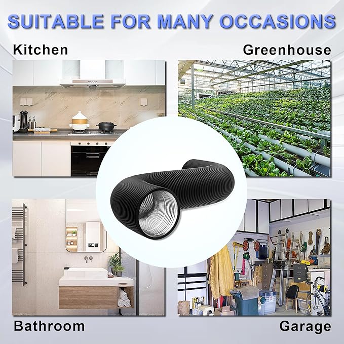 10 Inch Flexible Ducting Hose 16 Feet Black Aluminum Ducting -4 Layer Protection Dryer Vent Hose for HVAC Heating Cooling Ventilation and Exhaust, 2 Clamps Included