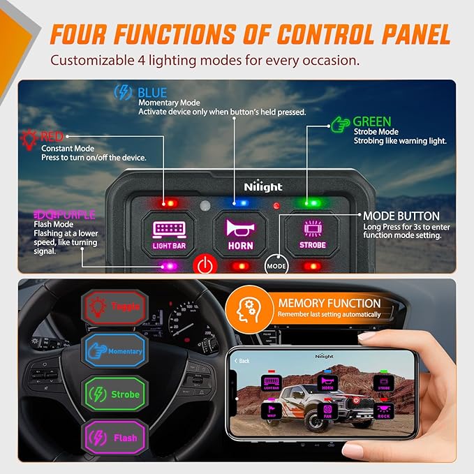 Nilight 6 Gang Switch Panel Circuit Control Relay System APP RGB Backlight Fuse Wiring Harness Toggle Momentary Strobe Flash Modes Automatic Dimmable 12V 24V for Car Truck Camper SUV