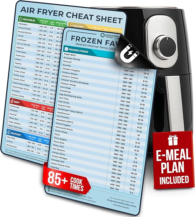 Cathy Yoder's Air Fryer Cheat Sheet Set, Air Fryer Accessories, AirFryer Cooking Guide Magnetic Cheat Sheet, AirFryer Cook Times Chart Magnet, Internal Food Temp for 80+ Popular Foods - Sea Blue