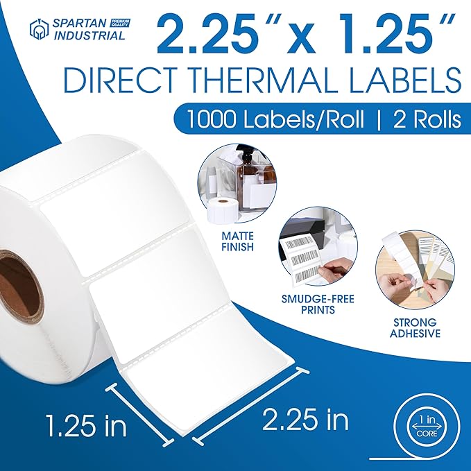 Spartan Industrial - 2.25" X 1.25" Direct Thermal White Labels (2 Rolls, 1000/Roll) Perforated Barcode Address Stickers - Compatible with Rollo, Zebra, MUNBYN Desktop Printers
