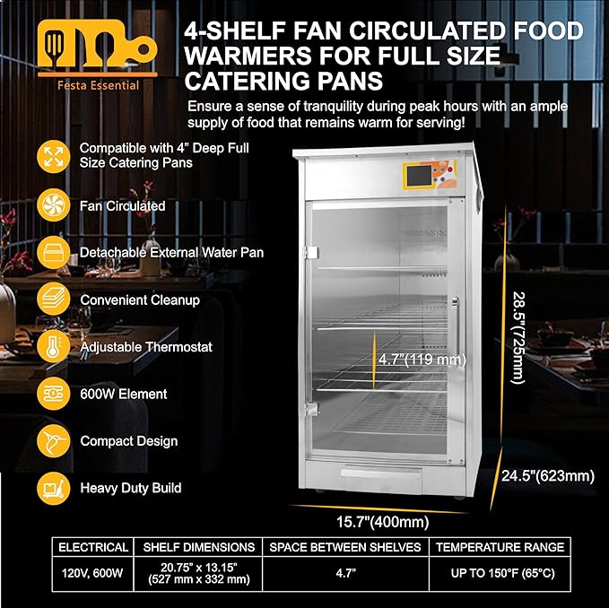 4-Shelf Electric Fan Circulated Hot Box Food Warmer for Holding 4" D Full-Size Steam Table Pans, Countertop Heated Holding Cabinet for Pizza Pretzel, Catering Warming Oven w/Water Tray, 120V, 600W