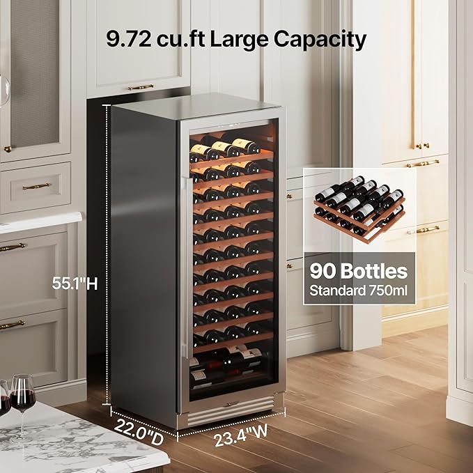 Ca'Lefort 24 Inch Wine Fridge - 90 Bottle Wine Cooler with Glass Door, 40-65°F Quiet Wine Refrigerator with Bottom Drawer 3 LED Light Built-in for Home/Bar/Kitchen Right-Hinged Door