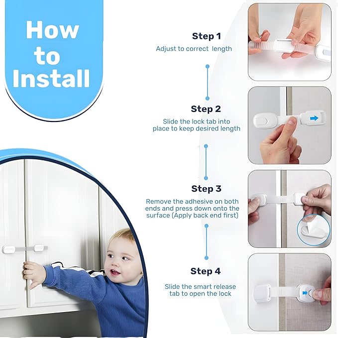 3M Adhesive Child Safety Strap Locks by Baby Proof Me, Baby Latches for Cabinets, Dishwashers, Fridges, Ovens and Trash Cans, Stain Free Toilet Lock (6 Safety Latches)
