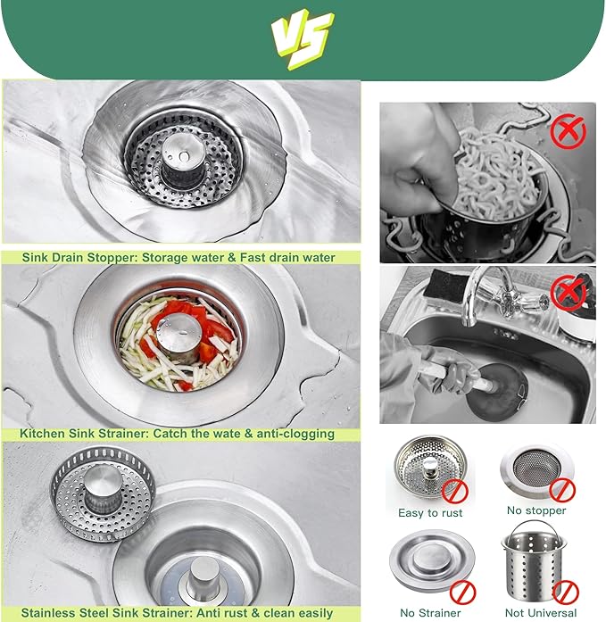 Sink Drain Strainer 3 in 1, 304 Stainless Steel Pop Up Sink Stopper, Anti-Clogging Sink Strainer, Kitchen Sink Strainer, Drain Cover and Kitchen Accessories for US Standard Sink(Silver)