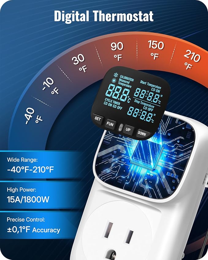 Digital Temperature Controller Outlet, 15A/1800W Heavy Duty Thermostat Plug, VA LCD Display, Heating/Cooling Control, -40°F~210°F, 4 Timer Modes, for Greenhouse Incubator Homebrew W01TC06
