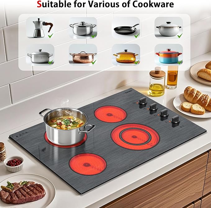 Karinear Electric Cooktop 30 Inch, 4 Burners Electric Stove Knob Control, Built-in Ceramic Cooktop with Beautiful Woodgrain Pattern Glass Surface, 6700W, 220-240v Hard Wired(No Plug)
