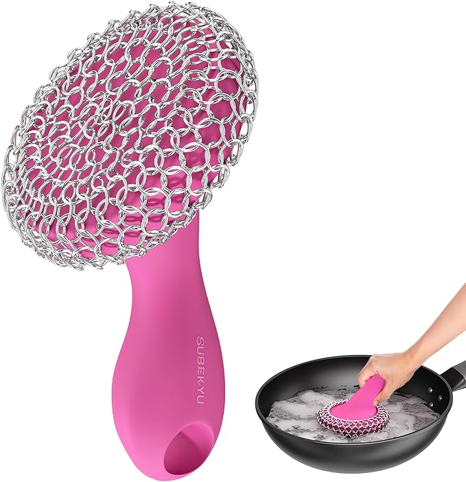 SUBEKYU Cast Iron Scrubber with Silicone Handle, Stainless Steel Skillet Cleaner for Cast Iron Pans (Pink)