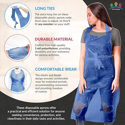 ABC PACK & SUPPLY Blue Plastic Disposable Aprons Adults for Painting, 28 x 46 Inches. Pack of 1000 Disposable Plastic Aprons, 1 Mil. Unisex Waterproof Polyethylene Painting Apron for Food Industry
