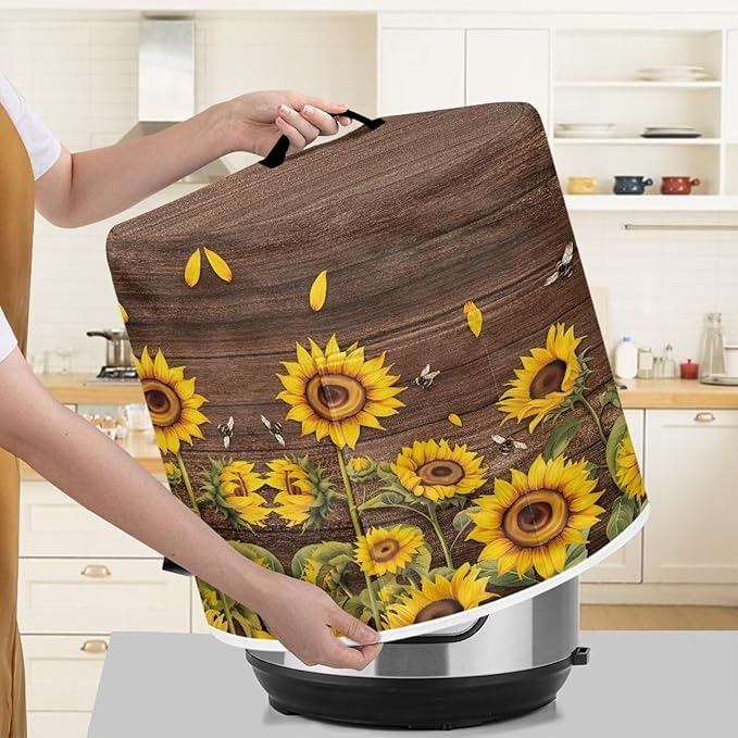 8 Quart Pressure Cooker Cover Dust-Proof Kitchen Appliance Air Fryer Cover with Handle and Pockets Keep Kitchen Appliance Clean Home Decor, Sunflower Bee Wood Grain