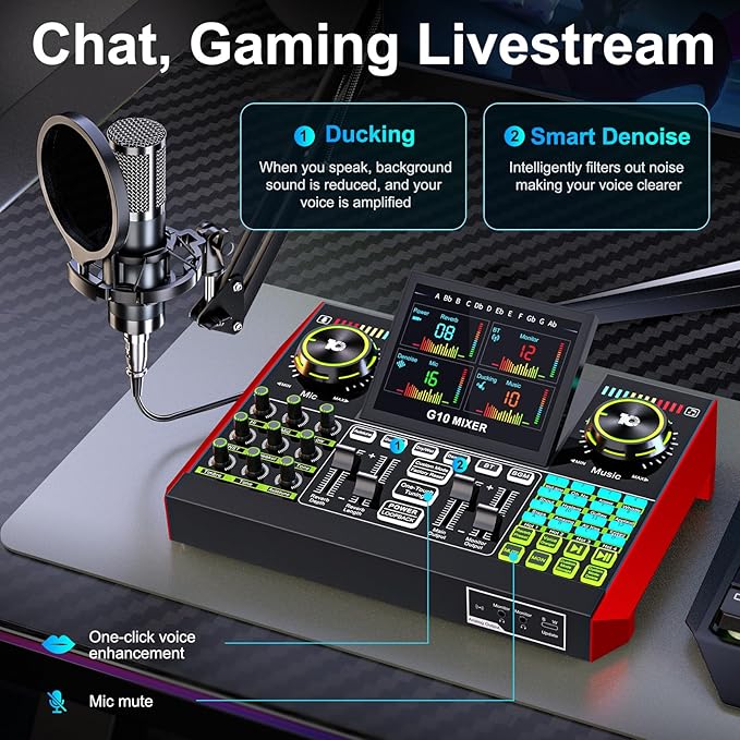 tenlamp Podcast Microphone Bundle with Live Sound Board Audio Mixer, Podcast Equipment Bundle with 3.5mm Boom Mic(P15) for Pc/Phone Live Streaming Singing Gaming, Voice Changer, Denoise