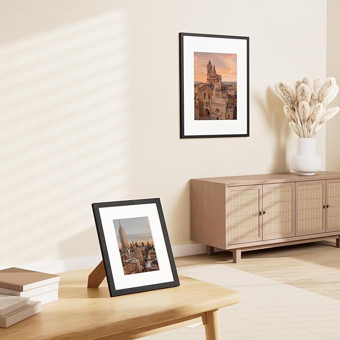Vittanly 8x10 Picture Frame Set of 2, Solid Wood Frame for Wall or Tabletop, Display Photo 5x7 with Mat or 8x10 without Mat, Black
