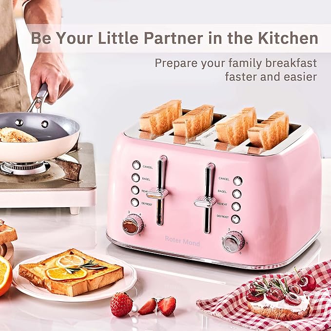 Roter Mond Toaster 4 Slice Retro Stainless Steel with Extra Wide Slots Bagel, Defrost, Reheat Function, Dual Independent Control Panel, Removable Crumb Tray, 6 Browning Levels, Pink