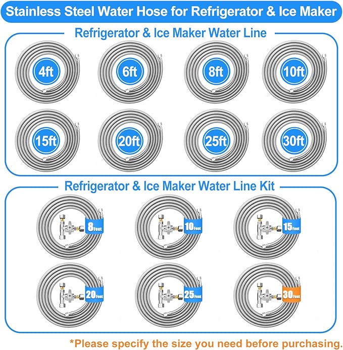 Fridge Water Line Kit - 30FT Premium Stainless Steel Braided Refrigerator Water Line with Tee Stop Valve,Foodgrade PEX Inner Tube Ice Maker Water Line with 1/4" Fittings for Refrigerator Ice Maker