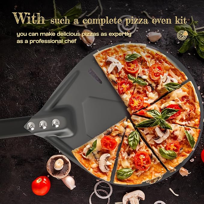 4 Piece Pizza Oven Kit (Extended Edition) Pizza Turning Peel 9 Inch Perforated Pizza Peel 12 Inch 40 Inch Aluminum Handle Pizza Oven Brush and Ash Rake Pizza Peel Set Pizza Oven Tools Kit