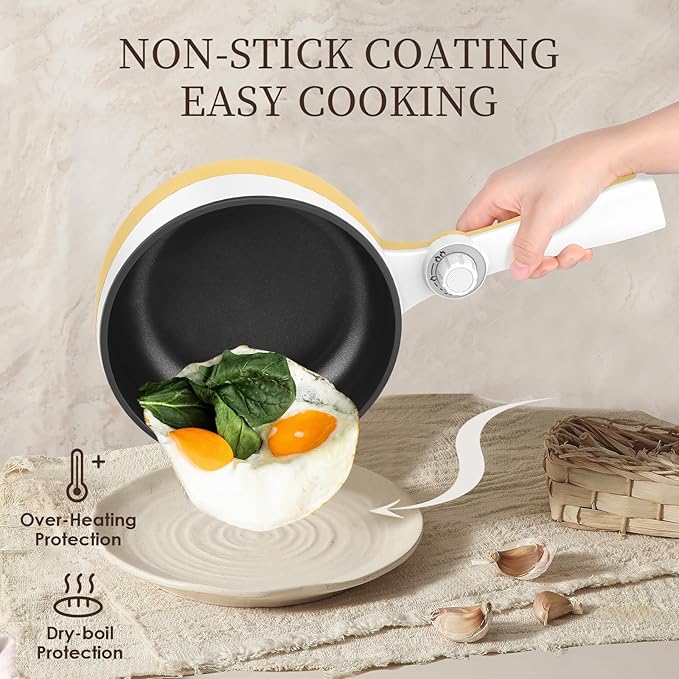 Audecook Hot Pot Electric, 1.7L Mini Electric Skillet Portable Nonstick Sauté Pan with Power Adjustment, Ramen Cooker Travel Multicooker for Steak/Soup/Egg/Oatmeal/Noodles (Tongs for Cooking Included)