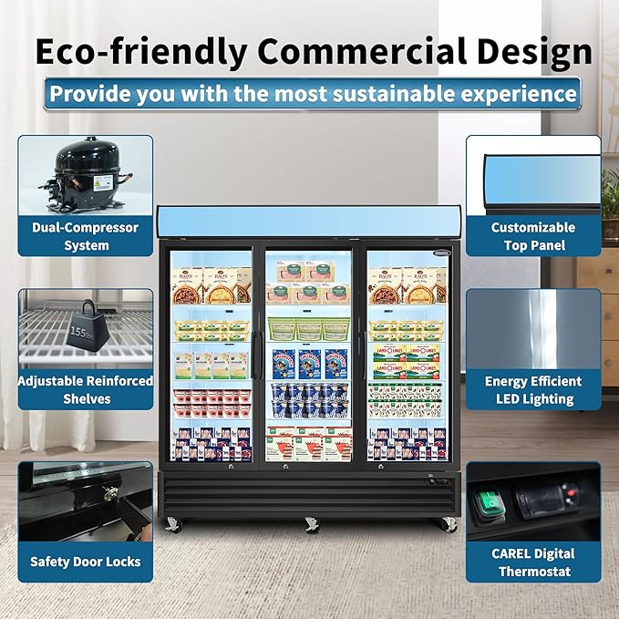 Glass Door Merchandiser Freezer 70 Cu.ft Swing Door Commercial Reach-In Display Freezers with LED Top Panel Upright Freeze Storage (3 Door)