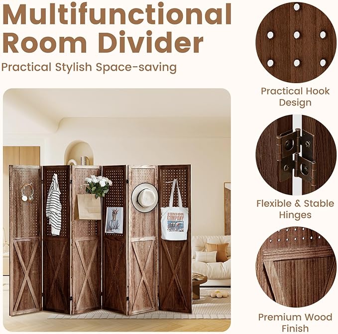 6 Panel Pegboard Room Divider, 5.6Ft Pegboard Display Folding Privacy Screens, Wood Room Divider Peg Board Display Freestanding for Trade Show Craft Show Home Wall Organizer, Brown