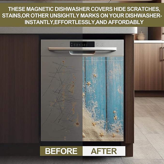 Dishwasher Magnet Cover,Beach Themed Dishwasher Cover Magnetic Blue Wooden Home Appliances Refrigerator Decorative 23" x 26"