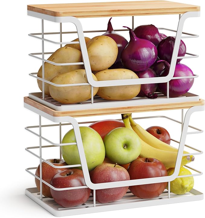 ALOCEO 2 Pack Potato and Onion Storage Bins, Large Trash Bag Holder Under Sink with Bamboo Top, Stainless Steel Pantry Organizers Storage, Kitchen Counter, White
