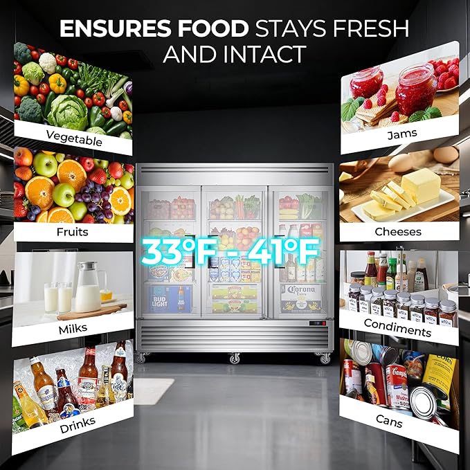 Coolake 82" Commercial Reach-In Refrigerator 3 Solid Doors, 72 Cu.ft Stainless Steel Fan Cooling Upright Fridge 12 Adjustable Shelves, Commercial Fridge for Restaurant Kitchen Cafe Grocery Store