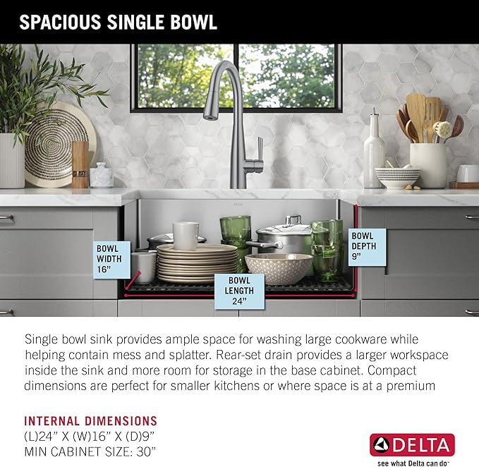 DELTA FAUCET Delta Lenta 26-inch Undermount 16 Gauge Stainless Steel Single Bowl Kitchen Sink with Accessories, 953034-26S-SS, Satin
