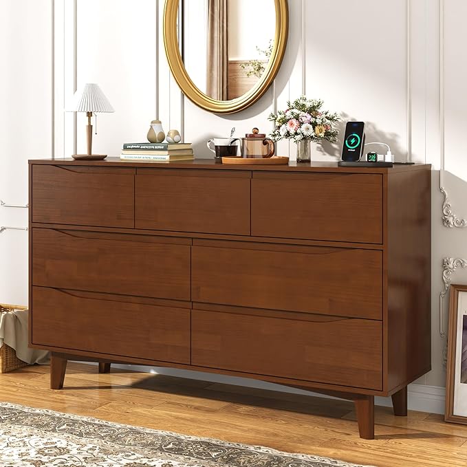 55”Solid Wood Drawers Dresser with Power Outlets, 7 Drawer Dresser for Bedroom, Mid Century Modern Vintage Large Chest of Dresser for Hallway, Entryway,Cutout Handle, Storage Essentials, Brown