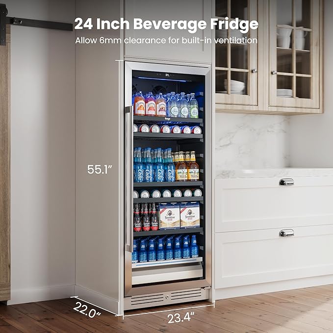 Yeego 24 Inch Beverage Refrigerator, 238 Can Built-In Beverage Cooler with Glass Door & Door Lock, Freestanding Drink Fridge with Digital Temperature Control for Soda, Beer & Wine, Kitchen or Home Bar