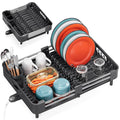 TOOLF Dish Drying Rack with Drainboard, Extendable Dish Rack for Kitchen Counter, Expandable Dish Drainer, Dish Strainer, Foldable Home Countertop Plate Storage Rack with Cutlery Holder, Black
