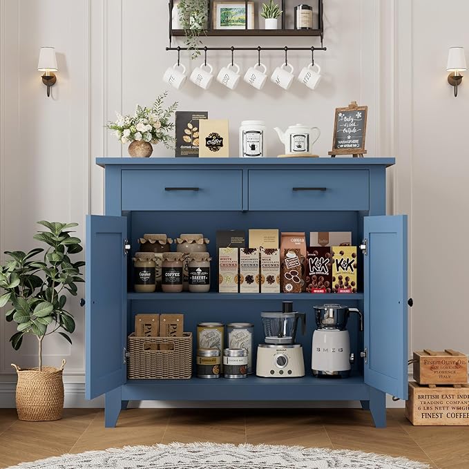 HORSTORS Kitchen Storage Cabinet, Modern Farmhouse Buffet Cabinet with Storage, Coffee Bar with 2 Drawers and 2 Doors, Floor Sideboard Buffet for Living Room, Dining Room, Bathroom, Blue